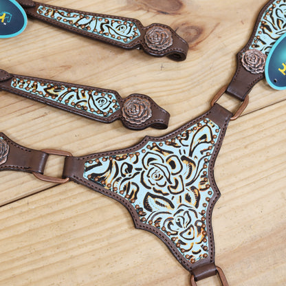 Western Headstall and Breast Collar Set, Turquoise Rose Embossed Tack with Silver Studs
