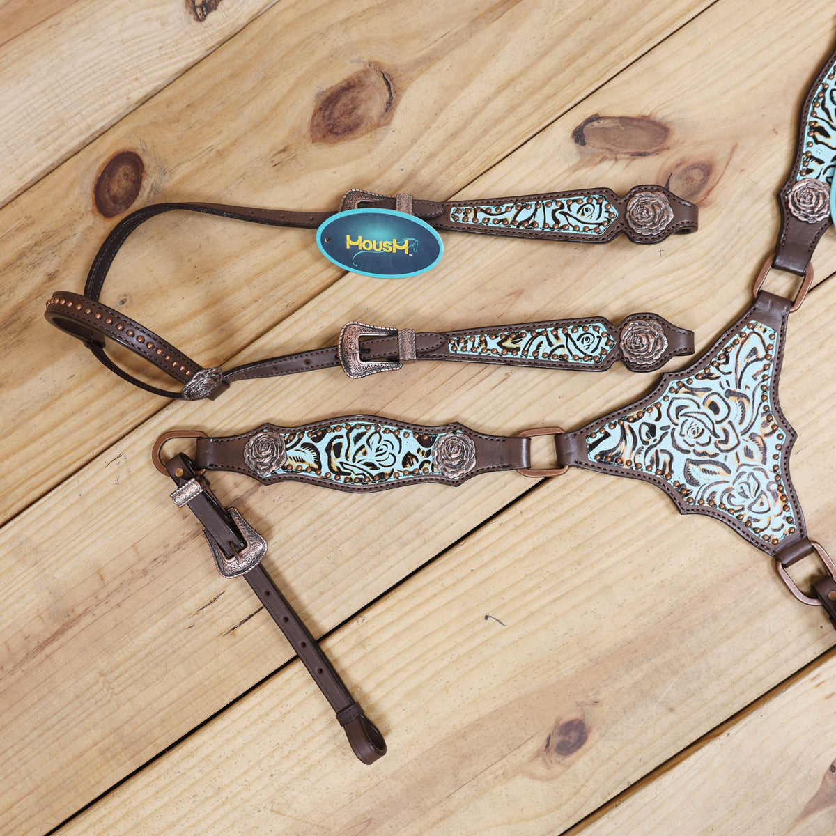 Western Headstall and Breast Collar Set, Turquoise Rose Embossed Tack with Silver Studs