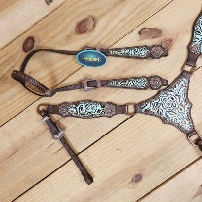 Western Headstall and Breast Collar Set, Turquoise Rose Embossed Tack with Silver Studs