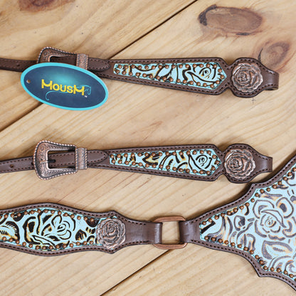 Western Headstall and Breast Collar Set, Turquoise Rose Embossed Tack with Silver Studs