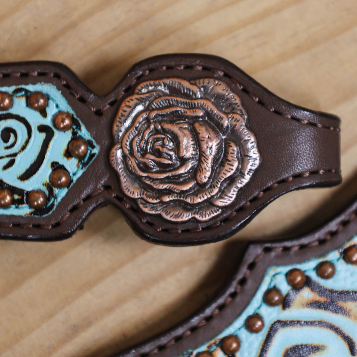 Western Headstall and Breast Collar Set, Turquoise Rose Embossed Tack with Silver Studs