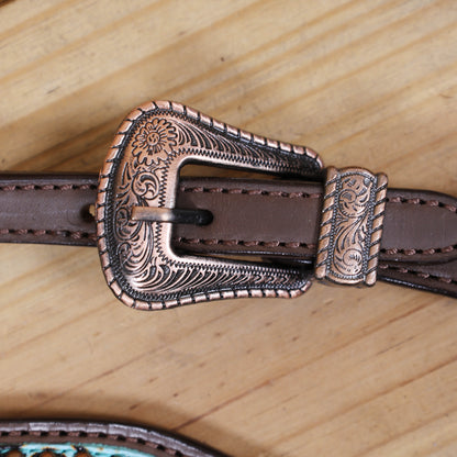 Western Headstall and Breast Collar Set, Turquoise Rose Embossed Tack with Silver Studs