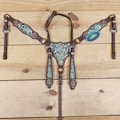 Western Headstall and Breast Collar Set, Turquoise Rose Embossed Tack with Silver Studs