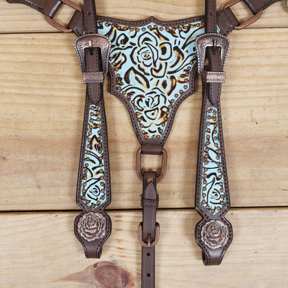 Western Headstall and Breast Collar Set, Turquoise Rose Embossed Tack with Silver Studs