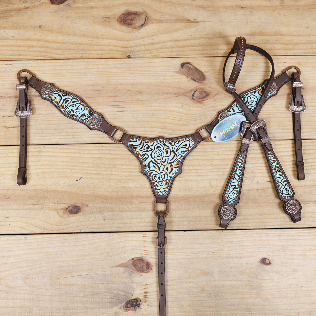 Western Headstall and Breast Collar Set, Turquoise Rose Embossed Tack with Silver Studs
