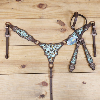 Western Headstall and Breast Collar Set, Turquoise Rose Embossed Tack with Silver Studs