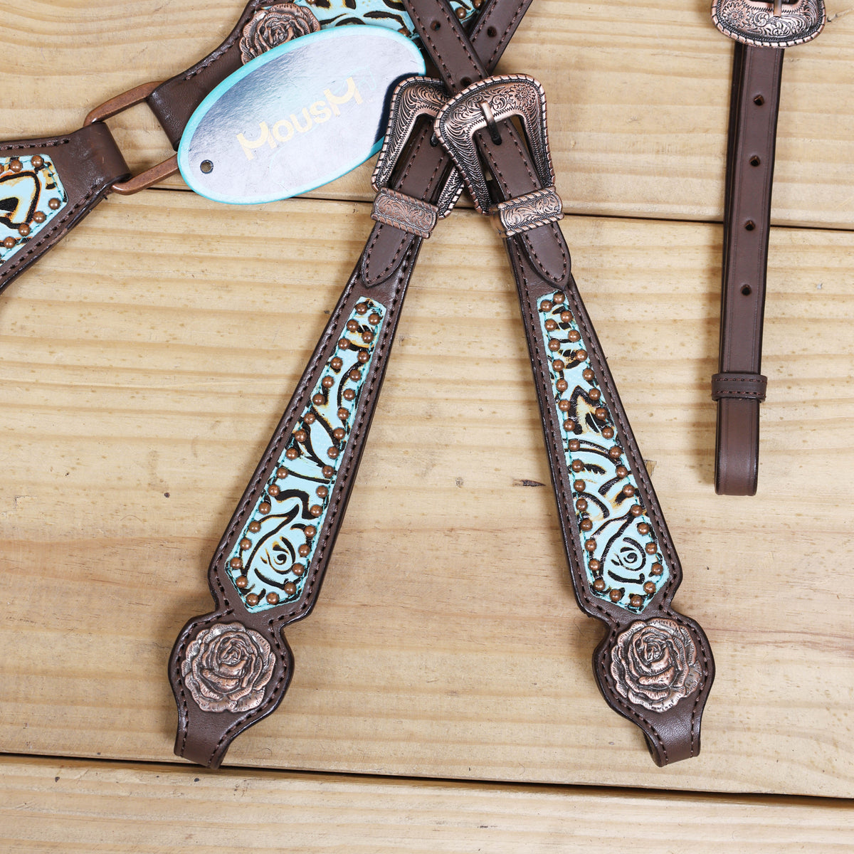 Western Headstall and Breast Collar Set, Turquoise Rose Embossed Tack with Silver Studs