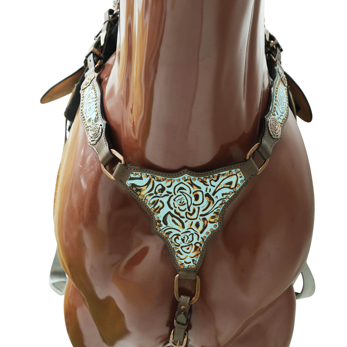 Western Headstall and Breast Collar Set, Turquoise Rose Embossed Tack with Silver Studs