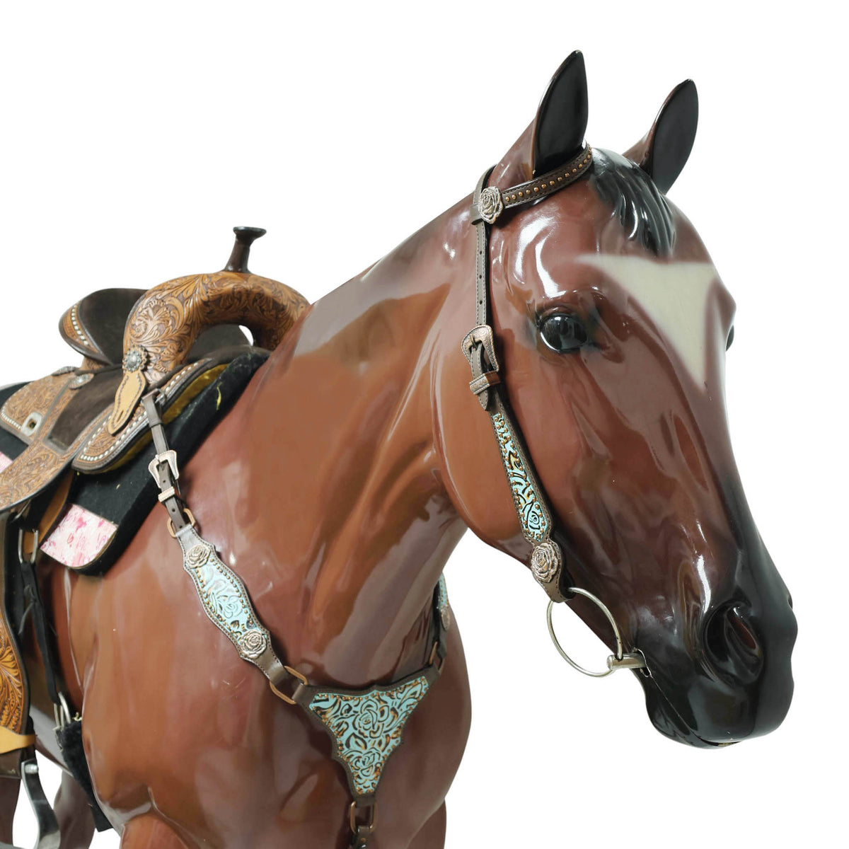 Western Headstall and Breast Collar Set, Turquoise Rose Embossed Tack with Silver Studs
