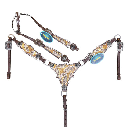 Western Leather Headstall &amp; Breast Collar Set – Antique Brown Feather Embossed Patches