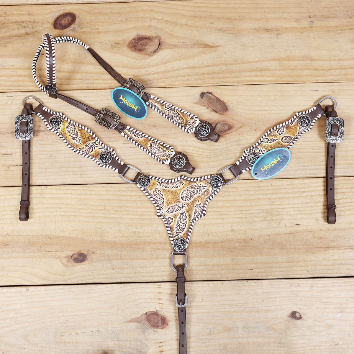 Western Leather Headstall &amp; Breast Collar Set – Antique Brown Feather Embossed Patches