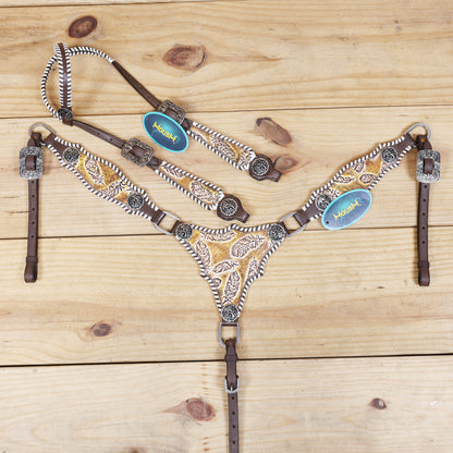 Western Leather Headstall &amp; Breast Collar Set – Antique Brown Feather Embossed Patches