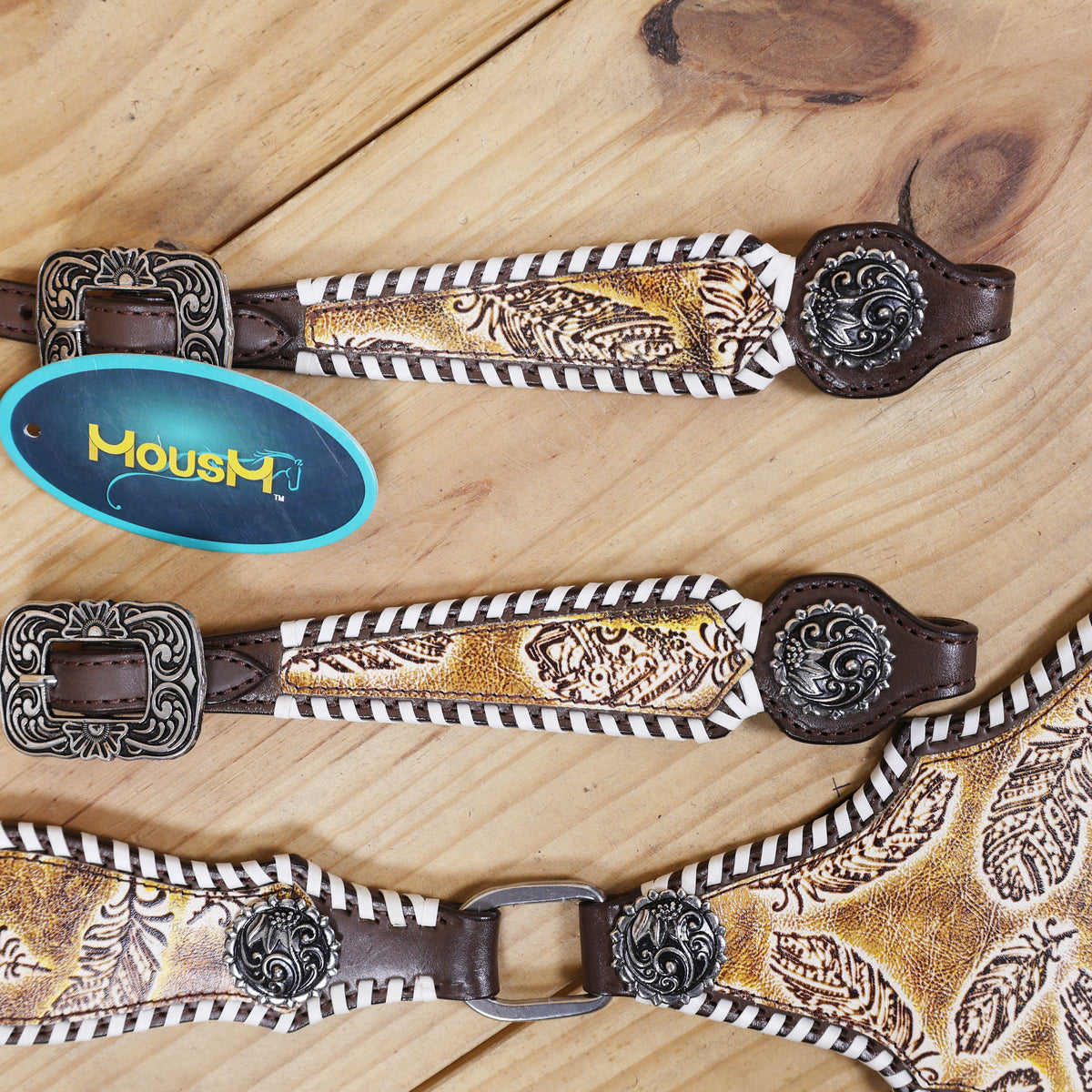 Western Leather Headstall &amp; Breast Collar Set – Antique Brown Feather Embossed Patches