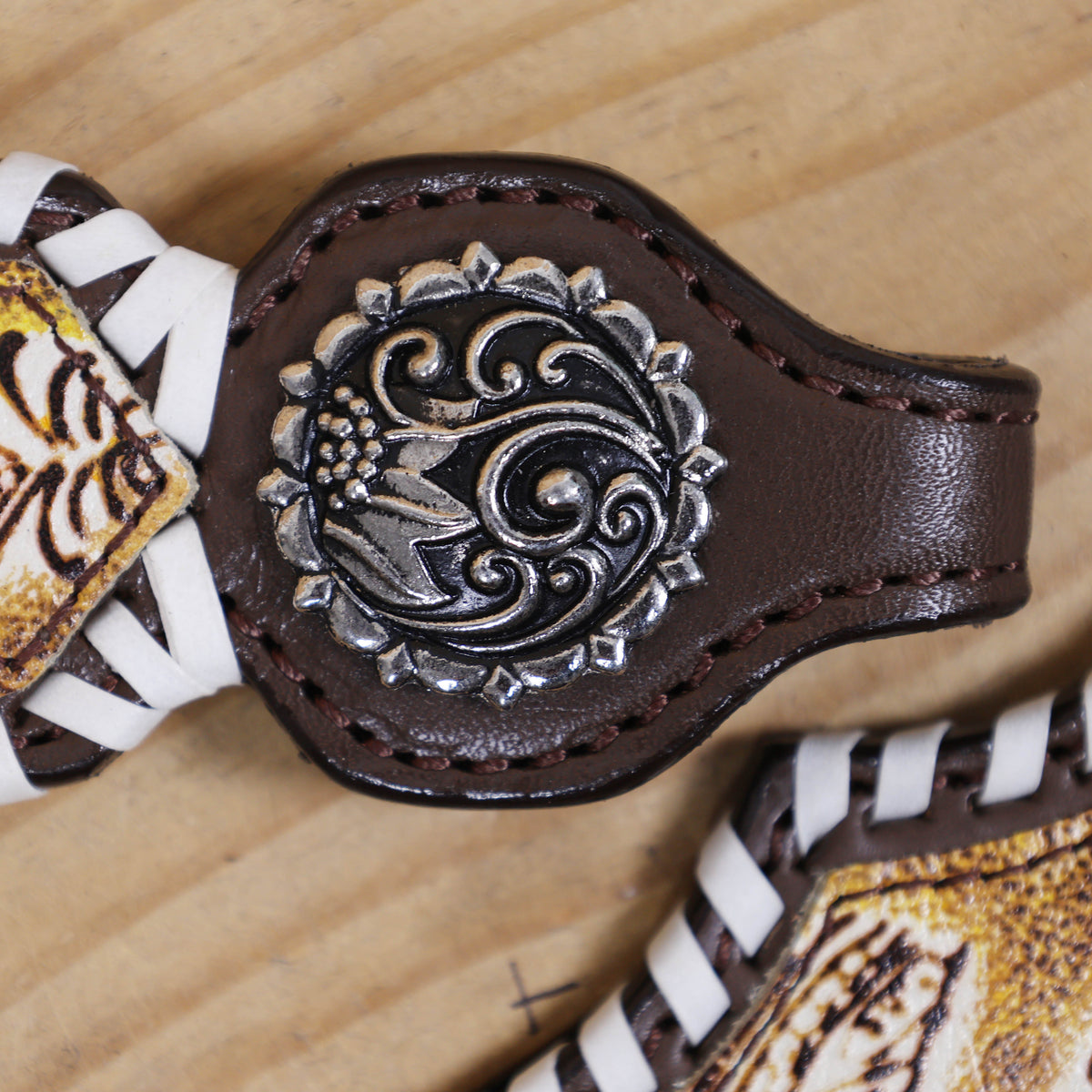 Western Leather Headstall &amp; Breast Collar Set – Antique Brown Feather Embossed Patches