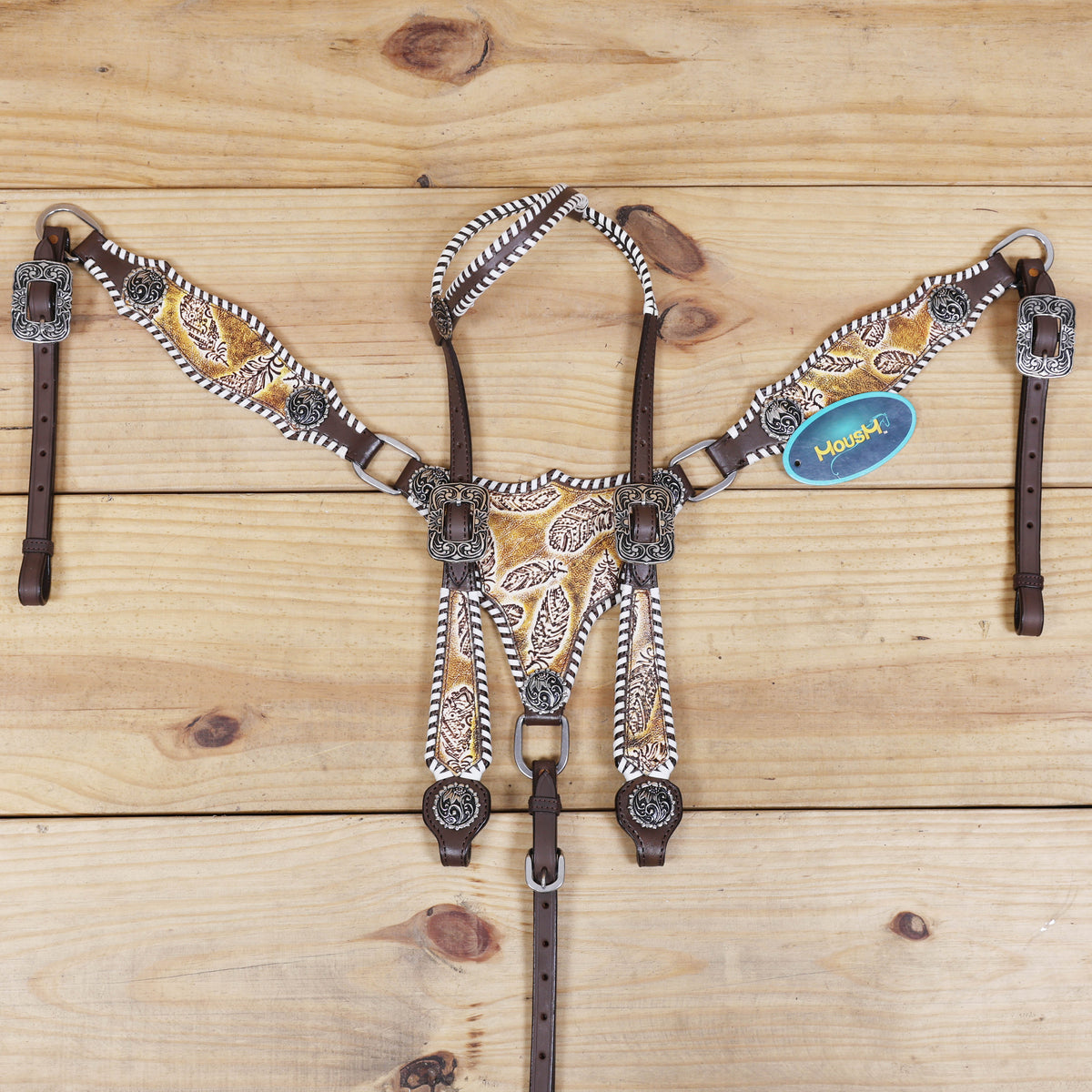 Western Leather Headstall &amp; Breast Collar Set – Antique Brown Feather Embossed Patches