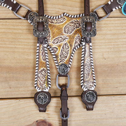 Western Leather Headstall &amp; Breast Collar Set – Antique Brown Feather Embossed Patches