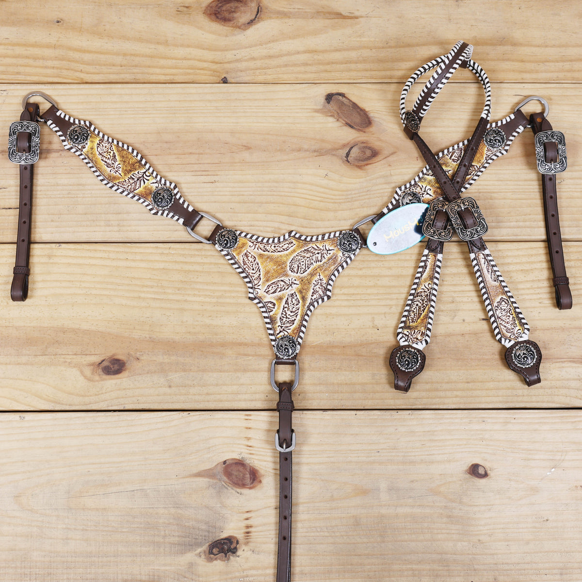 Western Leather Headstall &amp; Breast Collar Set – Antique Brown Feather Embossed Patches