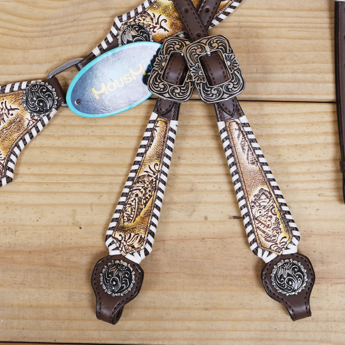 Western Leather Headstall &amp; Breast Collar Set – Antique Brown Feather Embossed Patches