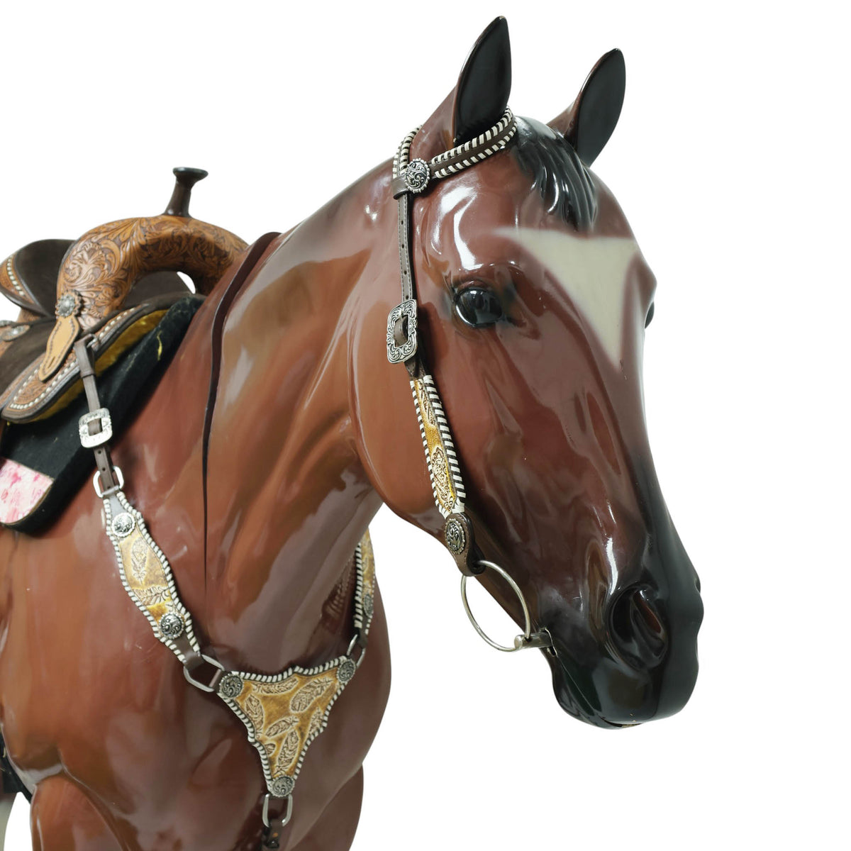 Western Leather Headstall &amp; Breast Collar Set – Antique Brown Feather Embossed Patches