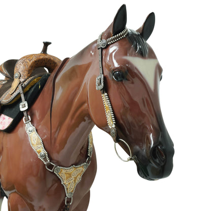 Western Leather Headstall &amp; Breast Collar Set – Antique Brown Feather Embossed Patches