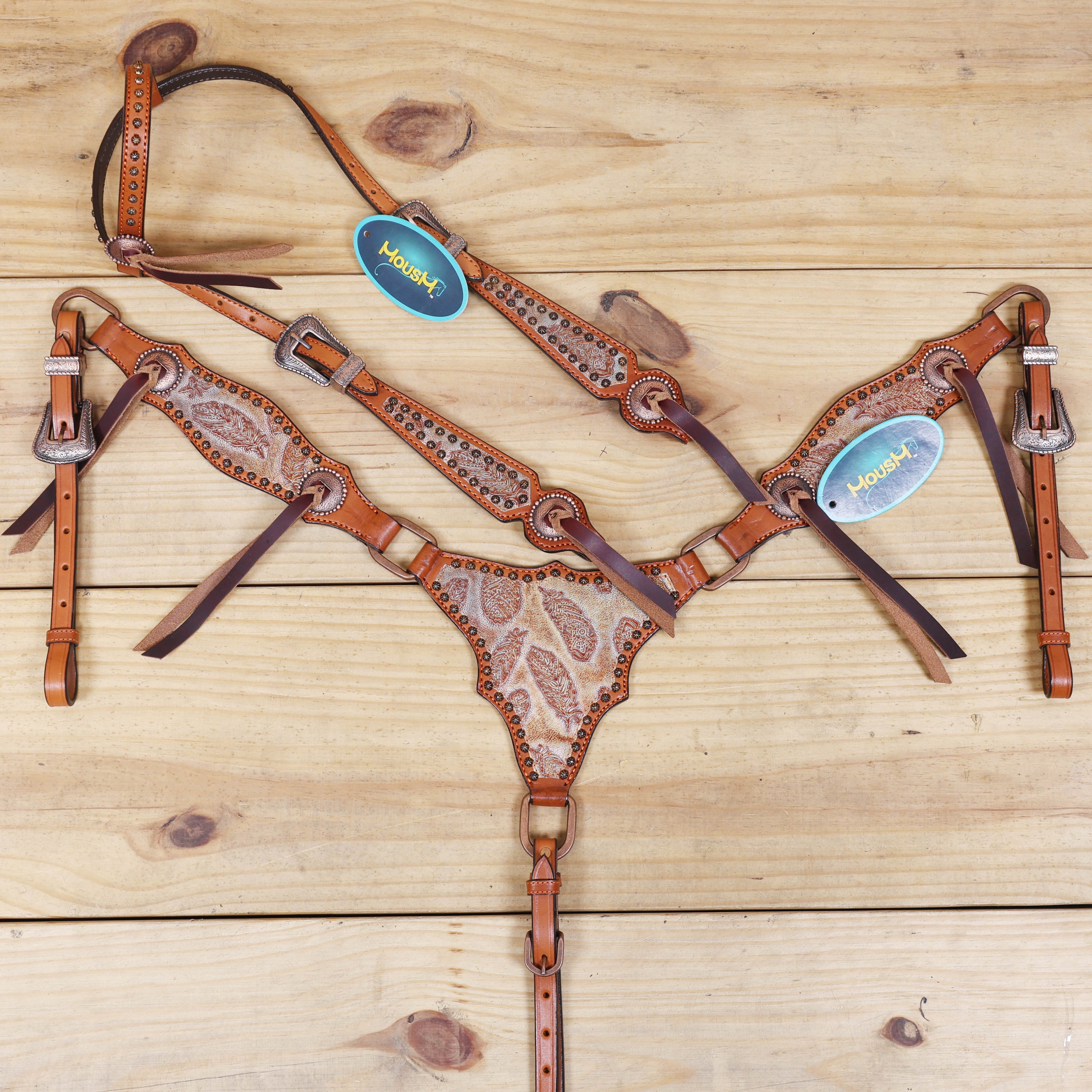 Western Leather Headstall &amp; Breast Collar Set – Antique Copper Feather Embossed Leather