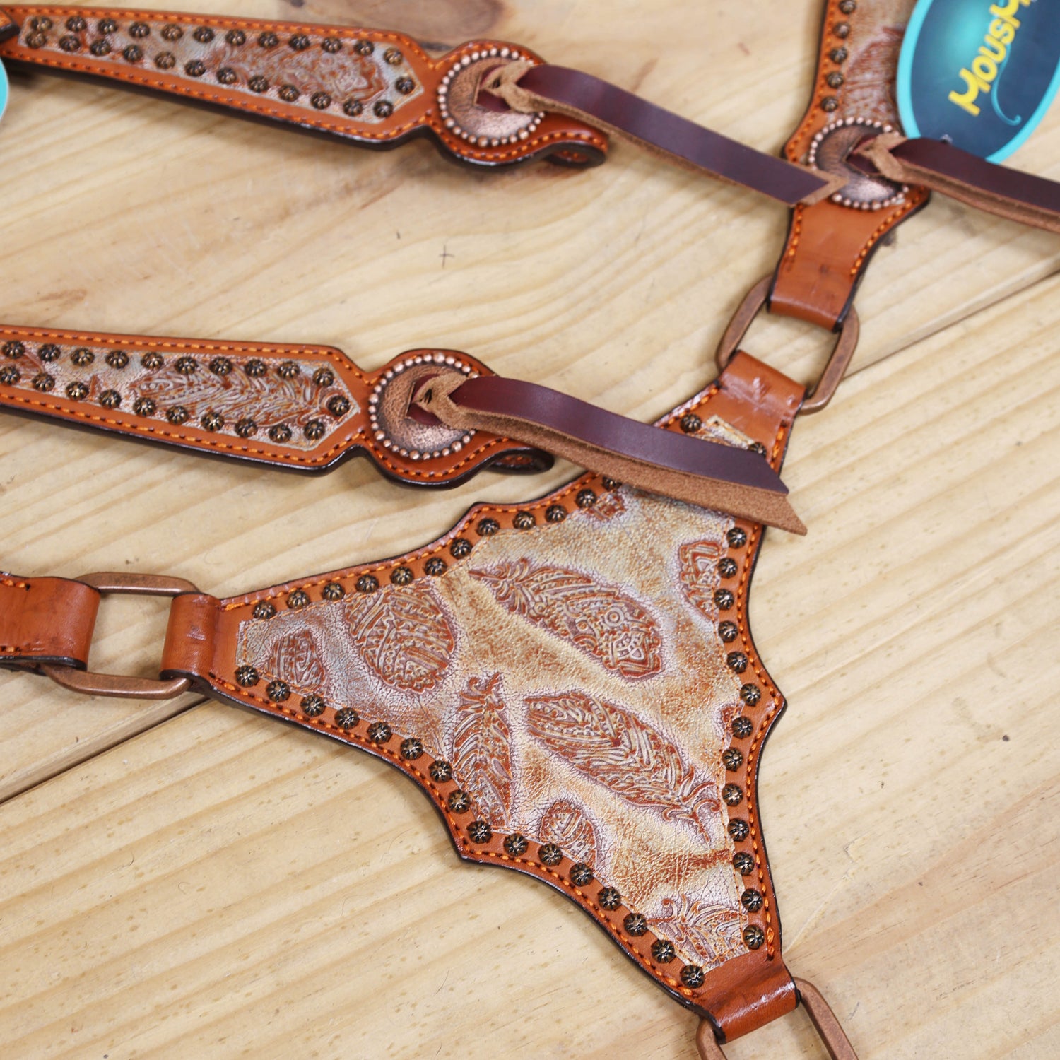 Western Leather Headstall &amp; Breast Collar Set – Antique Copper Feather Embossed Leather