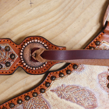 Western Leather Headstall &amp; Breast Collar Set – Antique Copper Feather Embossed Leather