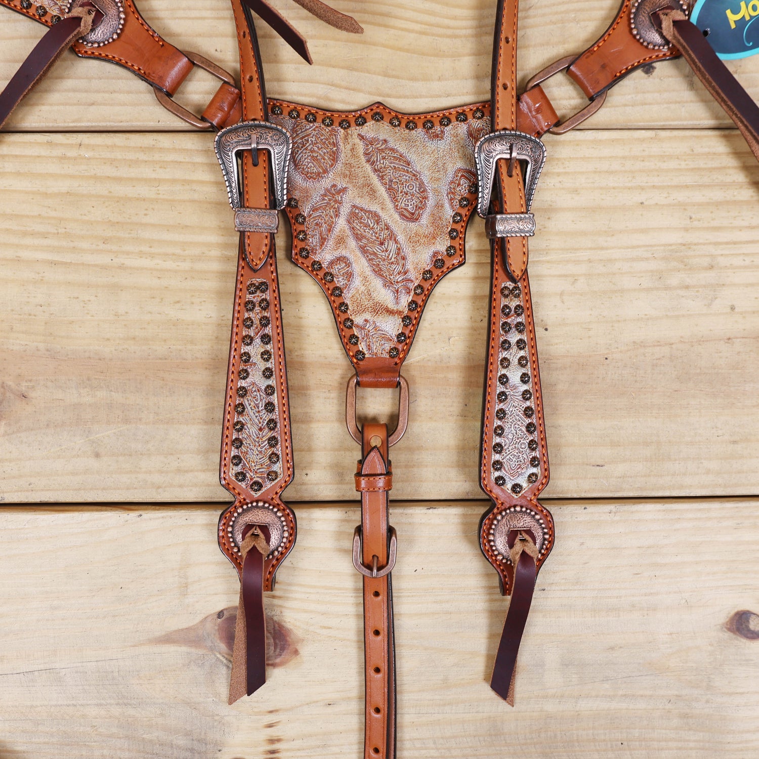 Western Leather Headstall &amp; Breast Collar Set – Antique Copper Feather Embossed Leather