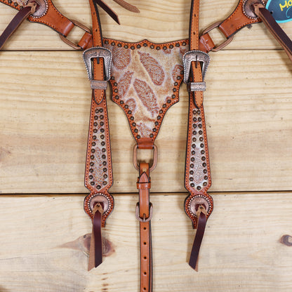 Western Leather Headstall &amp; Breast Collar Set – Antique Copper Feather Embossed Leather
