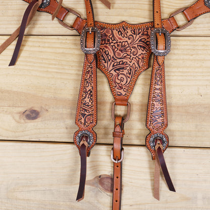 Western Leather Headstall &amp; Breast Collar Tack Set – Brown Leaf &amp; Flower Embossed Leather