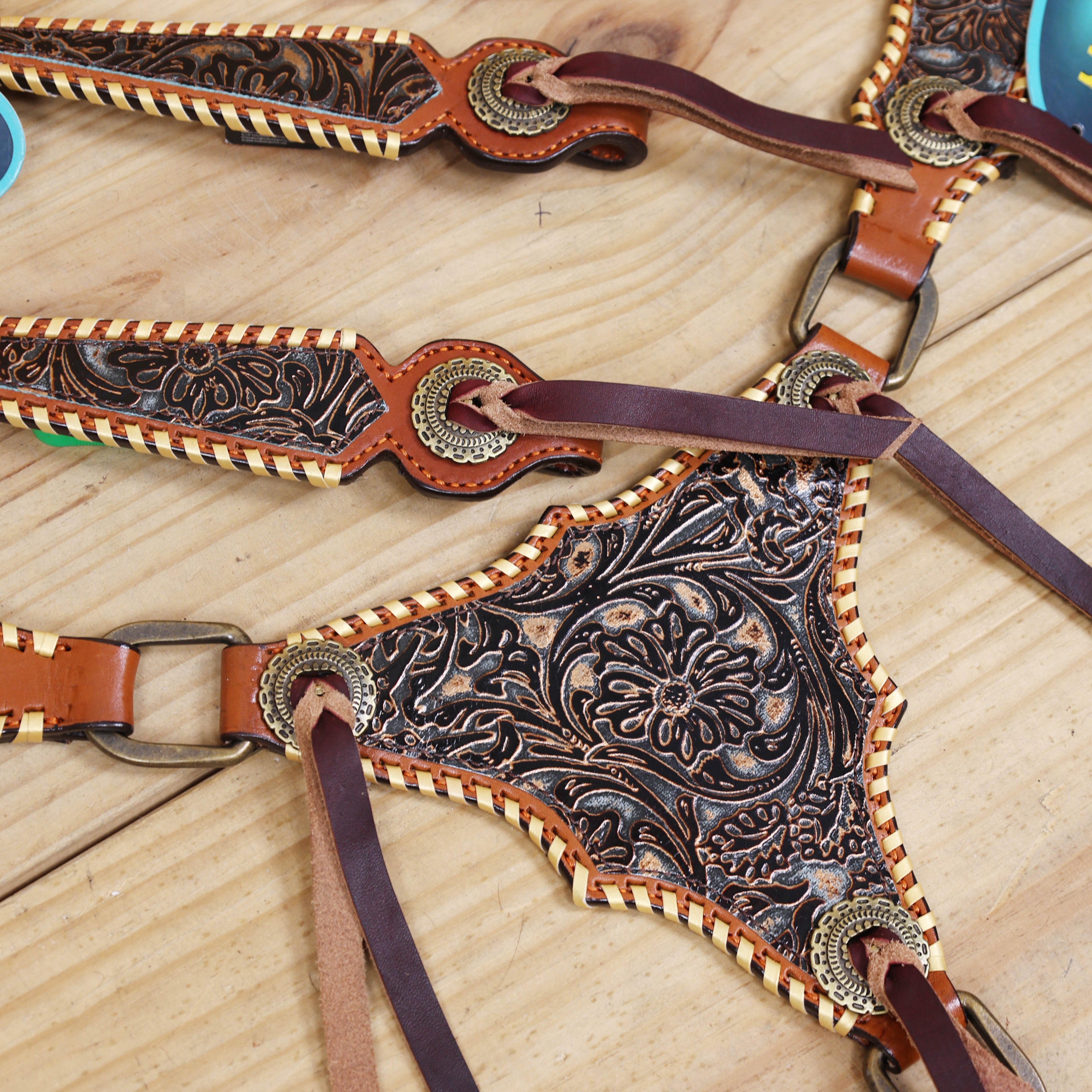 Western Leather Headstall &amp; Breast Collar Set – Black Golden Copper Floral Embossed