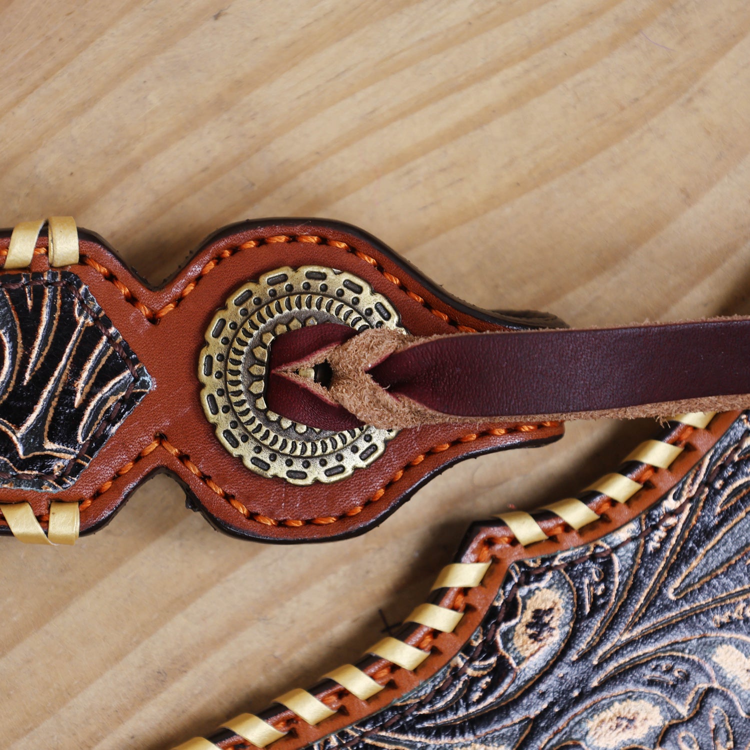 Western Leather Headstall &amp; Breast Collar Set – Black Golden Copper Floral Embossed