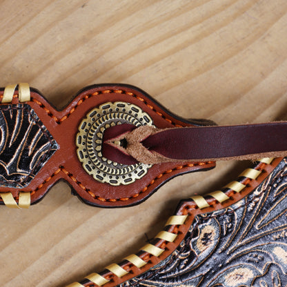 Western Leather Headstall &amp; Breast Collar Set – Black Golden Copper Floral Embossed