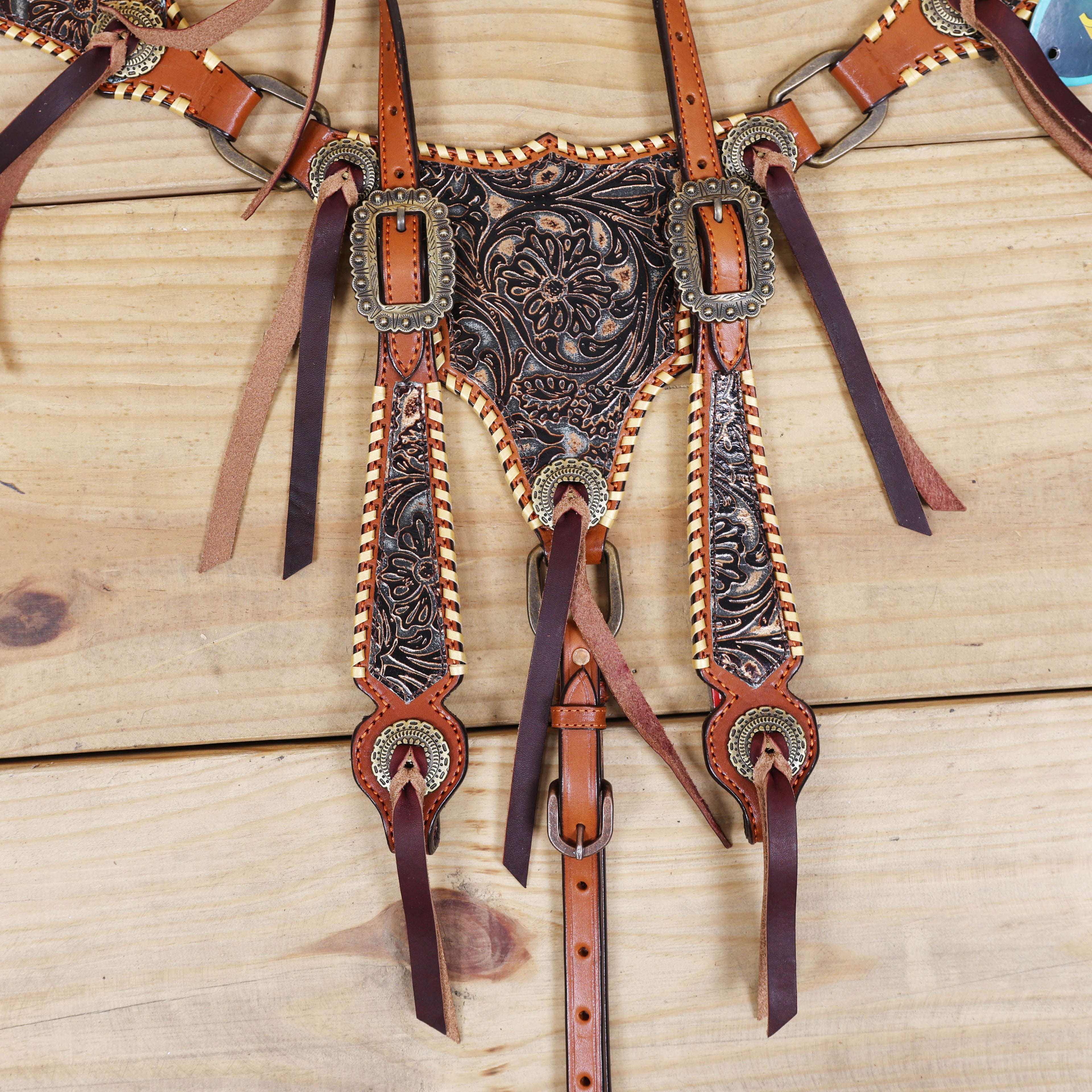 Western Leather Headstall &amp; Breast Collar Set – Black Golden Copper Floral Embossed