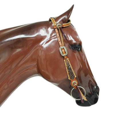 Western Leather Headstall &amp; Breast Collar Set – Black Golden Copper Floral Embossed