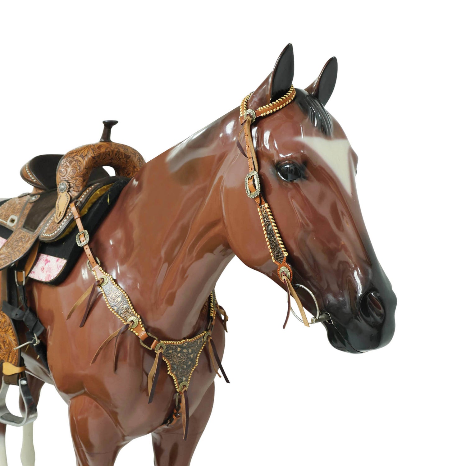 Western Leather Headstall &amp; Breast Collar Set – Black Golden Copper Floral Embossed