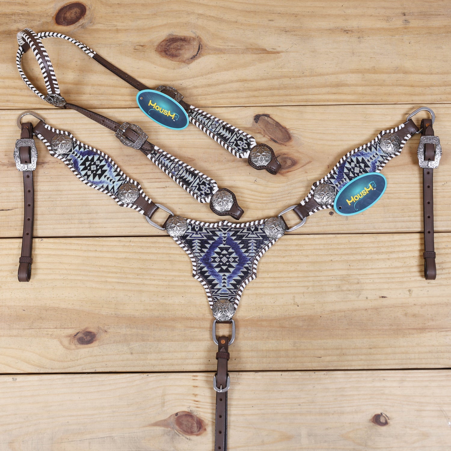 Western Leather Headstall &amp; Breast Collar Set – Navy &amp; Black Aztec Embossed Leather