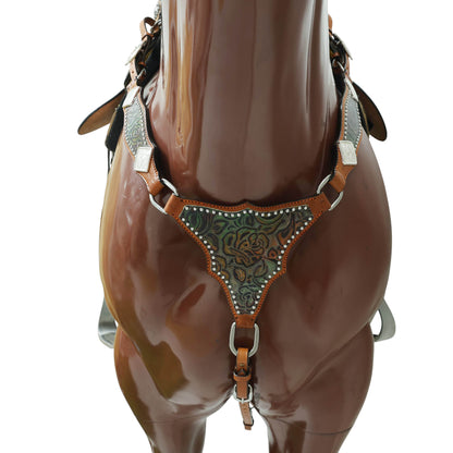 Western Leather Headstall &amp; Breast Collar Set – Rainbow Rose Embossed Leather