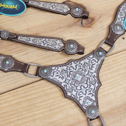 Western Leather Headstall and Breast Collar Tack Set – Silver &amp; Gray Aztec Embossed
