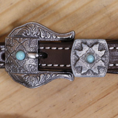 Western Leather Headstall and Breast Collar Tack Set – Silver &amp; Gray Aztec Embossed