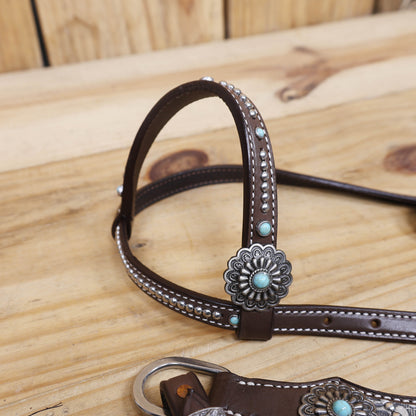 Western Leather Headstall and Breast Collar Tack Set – Silver &amp; Gray Aztec Embossed