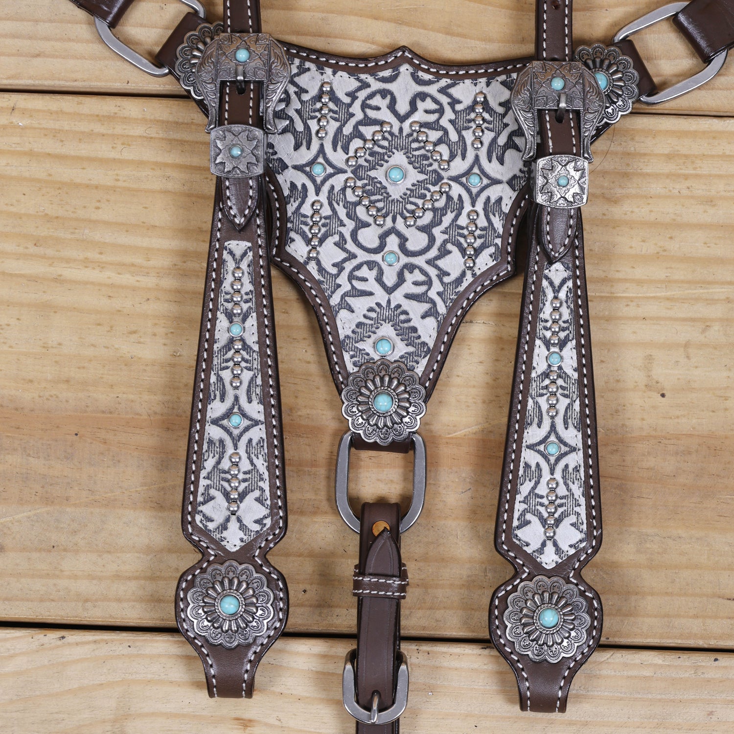 Western Leather Headstall and Breast Collar Tack Set – Silver &amp; Gray Aztec Embossed