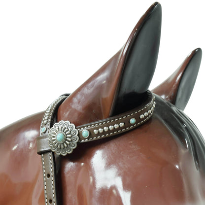 Western Leather Headstall and Breast Collar Tack Set – Silver &amp; Gray Aztec Embossed