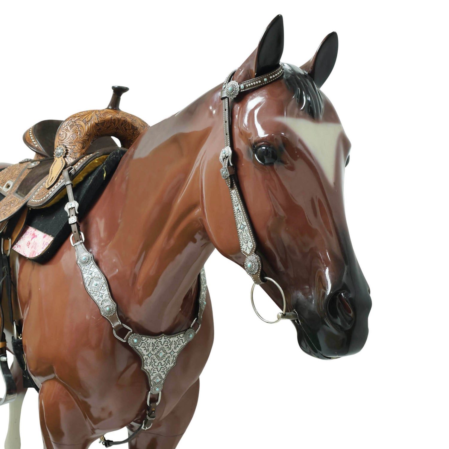 Western Leather Headstall and Breast Collar Tack Set – Silver &amp; Gray Aztec Embossed