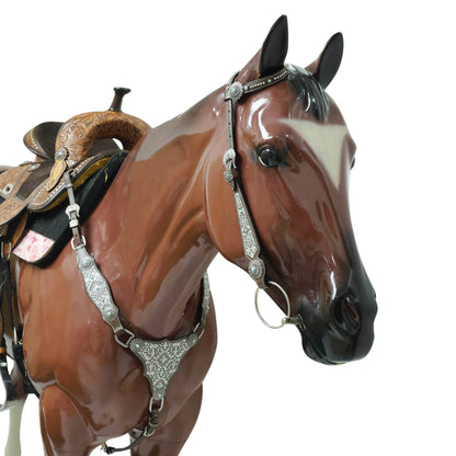 Western Leather Headstall and Breast Collar Tack Set – Silver &amp; Gray Aztec Embossed