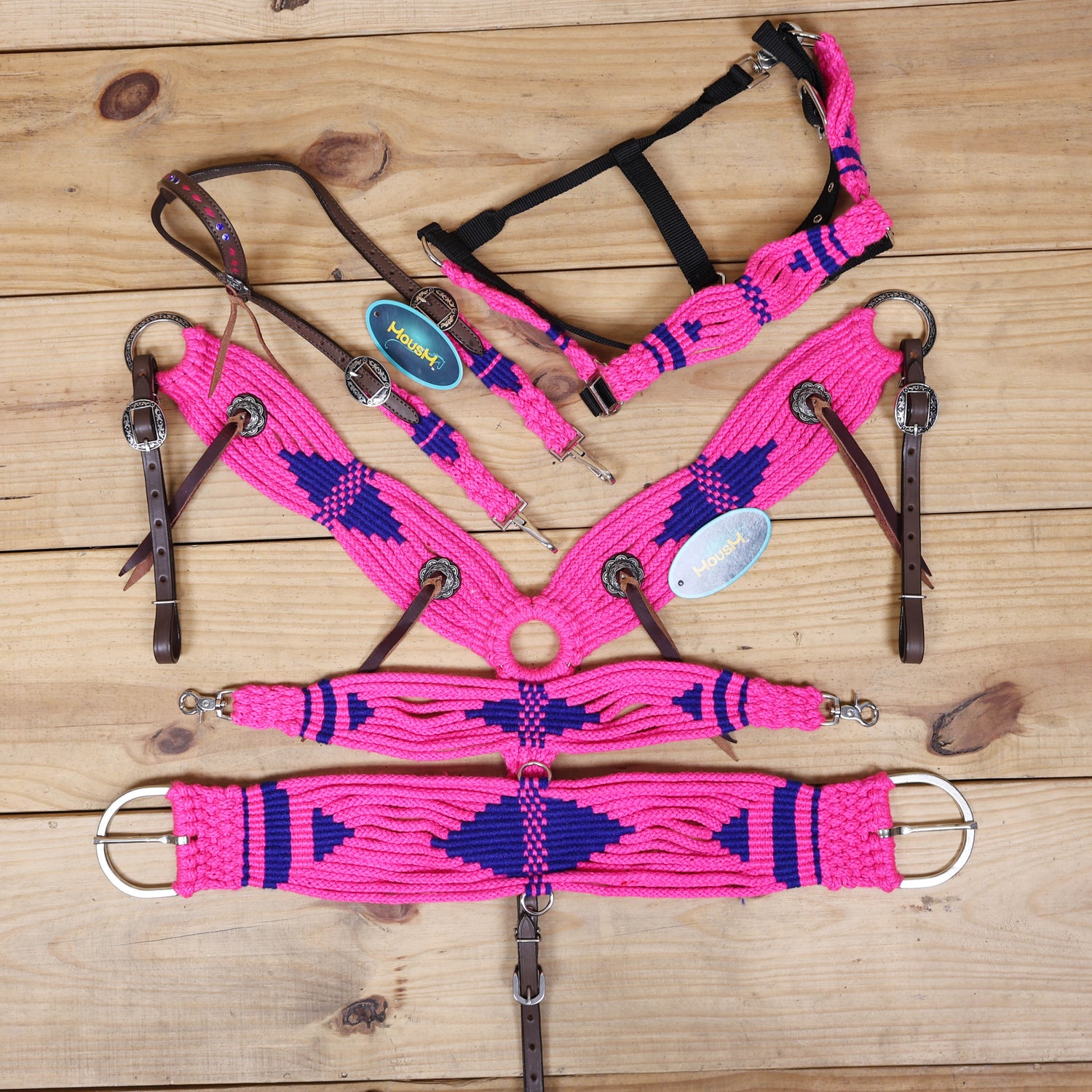 Pink and Royal Mohair Western Headstall Tack Set with 32” Front Girth – Complete Set with Breast Collar, Bronc Halter &amp; Wither Strap – Antique Copper Hardware – Handcrafted