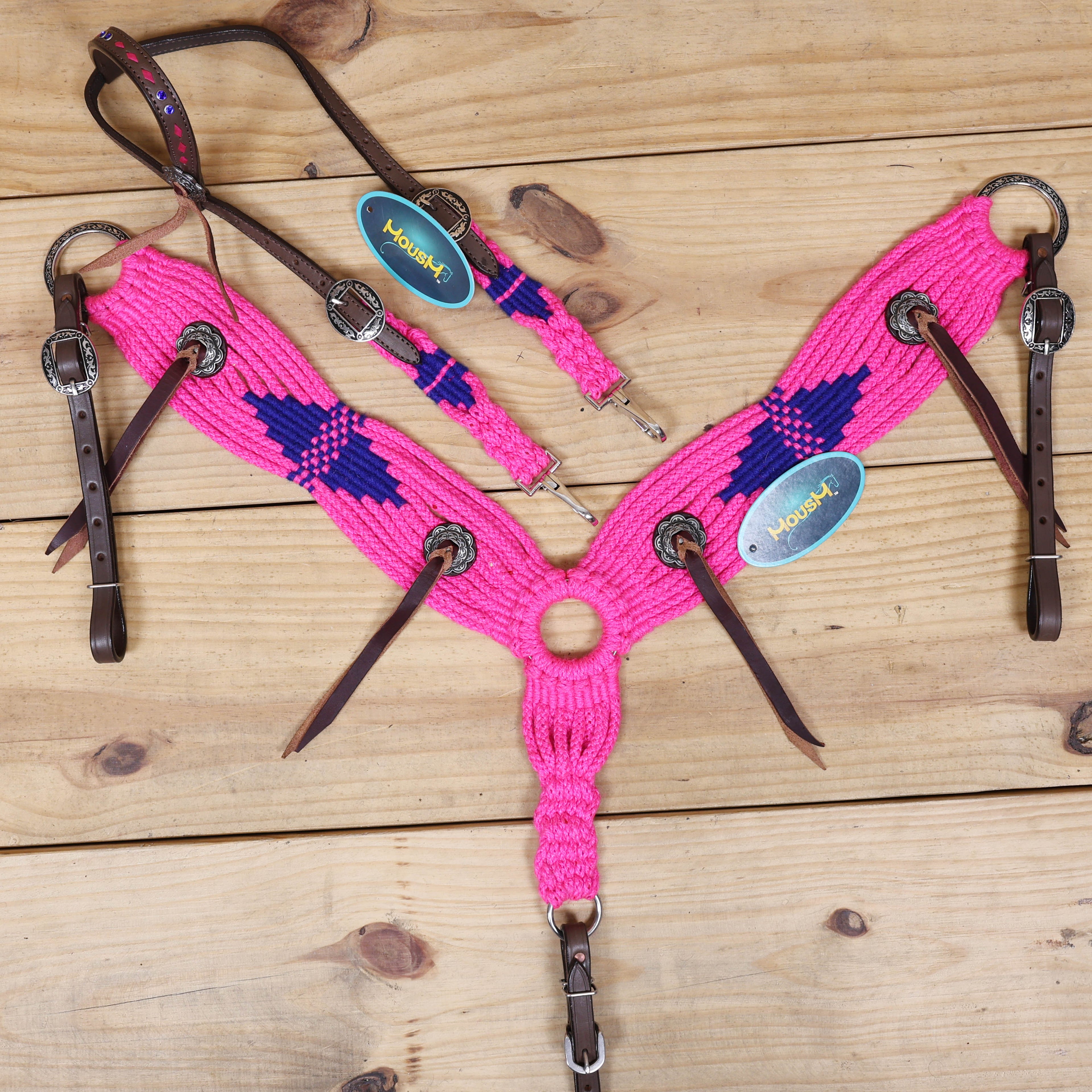 Pink and Royal Mohair Western Headstall Tack Set with 32” Front Girth – Complete Set with Breast Collar, Bronc Halter &amp; Wither Strap – Antique Copper Hardware – Handcrafted