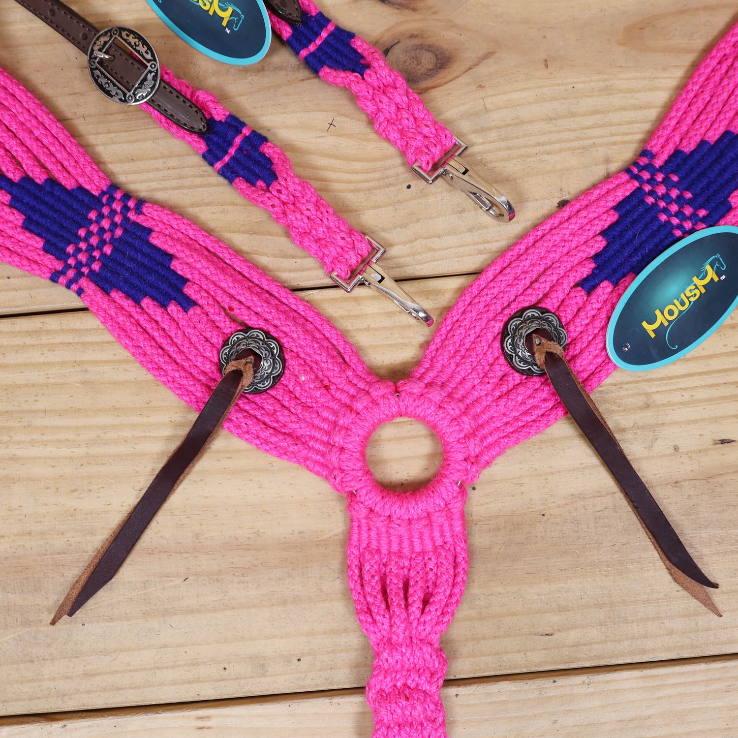Pink and Royal Mohair Western Headstall Tack Set with 32” Front Girth – Complete Set with Breast Collar, Bronc Halter &amp; Wither Strap – Antique Copper Hardware – Handcrafted