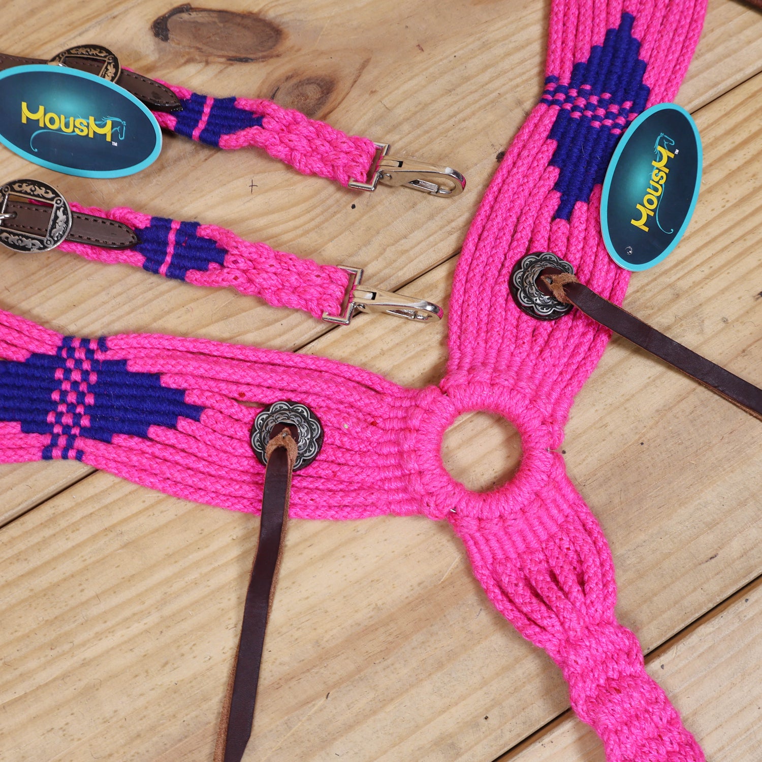 Pink and Royal Mohair Western Headstall Tack Set with 32” Front Girth – Complete Set with Breast Collar, Bronc Halter &amp; Wither Strap – Antique Copper Hardware – Handcrafted