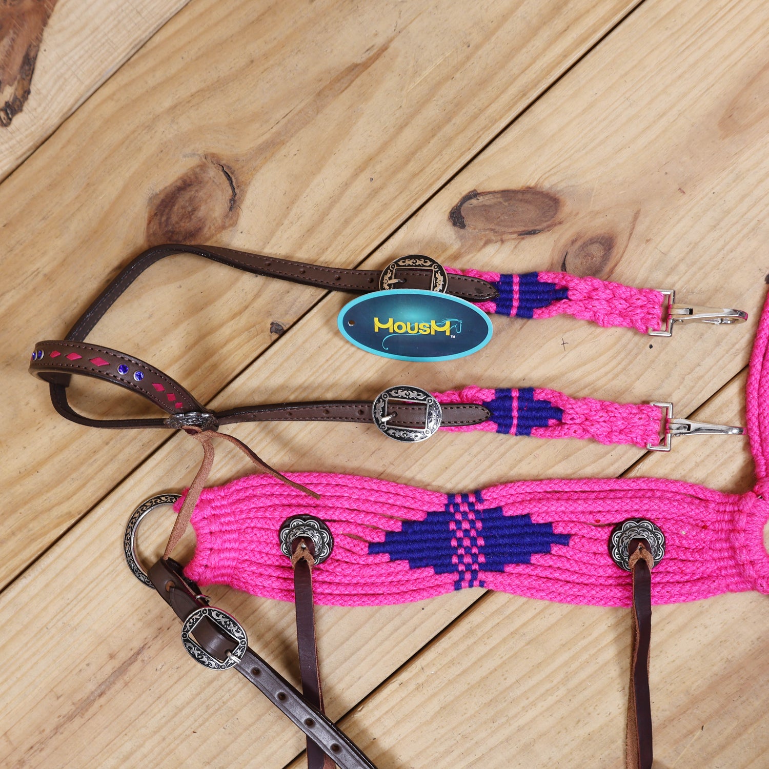 Pink and Royal Mohair Western Headstall Tack Set with 32” Front Girth – Complete Set with Breast Collar, Bronc Halter &amp; Wither Strap – Antique Copper Hardware – Handcrafted